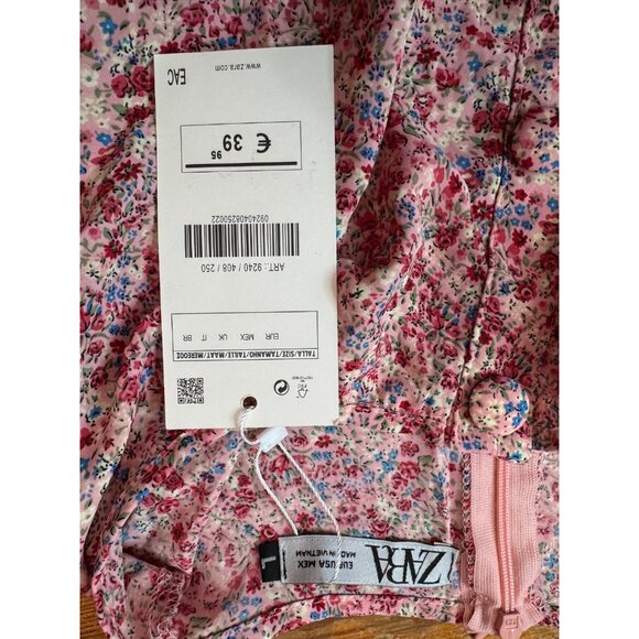 Zara Red White Blue Floral Tiered Mini Dress Puff Sleeve Button Front Size - Picture 7 of 10